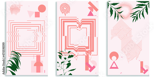 Social media covers with simple design elements . Boho style . Leaves . Post frame stories templates.  Layout for promotion .Media banner .Vector