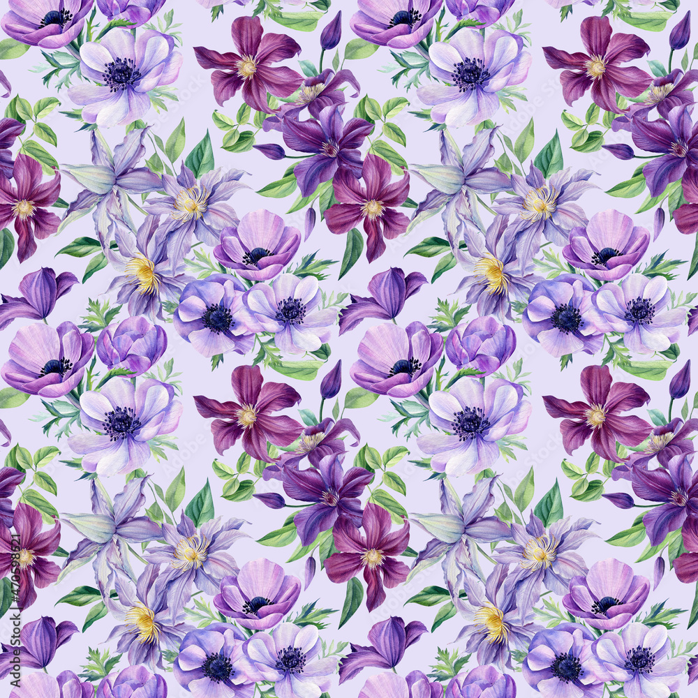 Fototapeta premium Purple Anemones, clematis, leaves and bud watercolor hand drawing. Floral seamless pattern