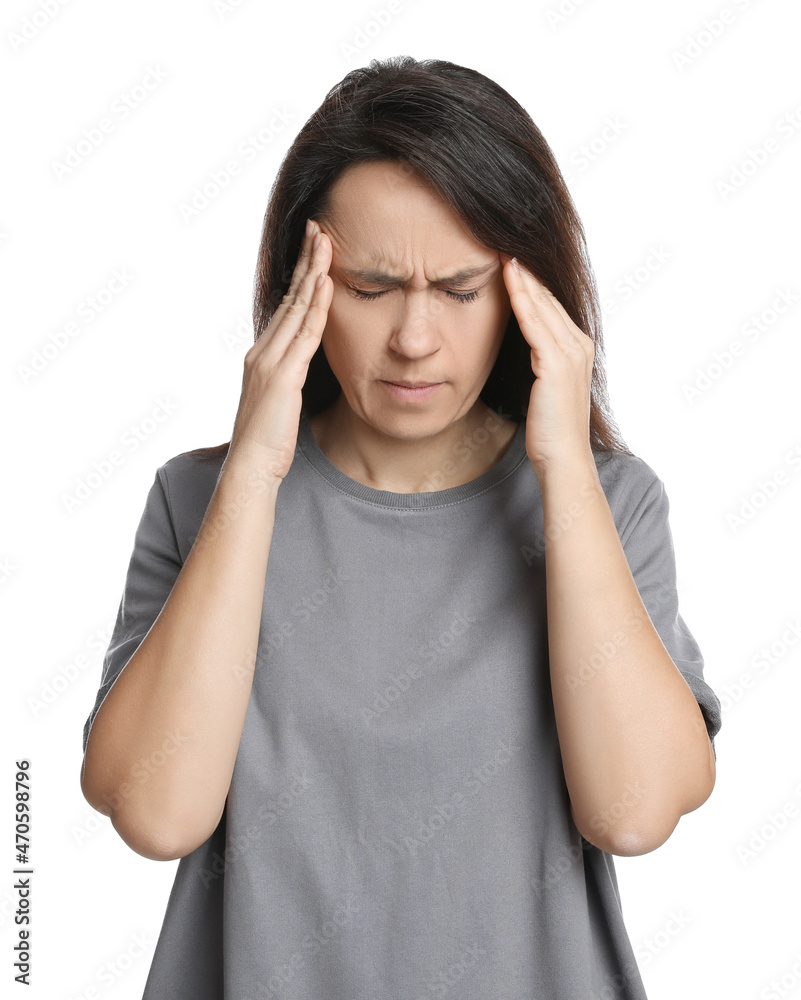 Mature woman suffering from headache on white background Mature woman suffering from headache on white background