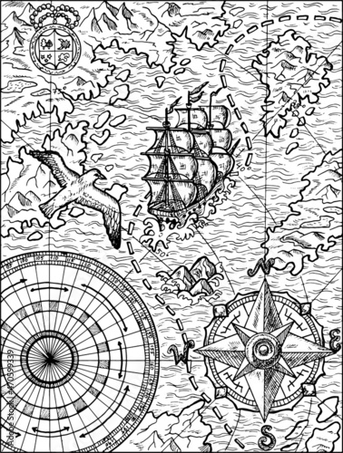Black and white illustration of old map with sailboat, gull, unknown lands and islands, compass and wind rose. Vector vintage drawings, marine concept, coloring book page