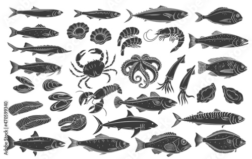 Seafood and fish glyph icon set. Monochrome herring, squid, octopus, salmon, halibut oysters and scallops. Engraved fish bream, mackerel, tuna or sterlet, catfish, codfish and halibut, lobster, crab