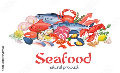 Seafood. Fresh fish tuna, red bass, mackerel, salmon steak and pieces of herring. Banner with shrimp, scallops, oysters, squid, crab, lobster, octopus and caviar. Seafood vector illustration.