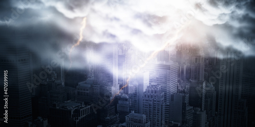 Abstract city backdrop with thunderstorm and mock up place. Weather and dramatic nature concept.