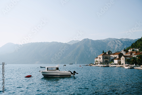 Motor boat in the Kotor Bay off the coast of Perast. Montenegro