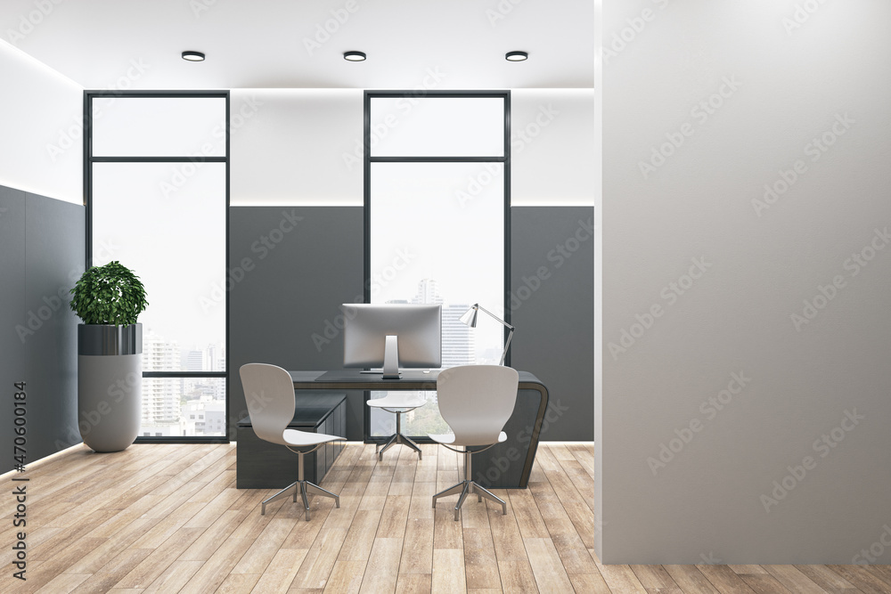 Modern office interior with empty white mock up place, furniture, wooden flooring, window with city view and daylight. Interview and workplace concept. 3D Rendering. Modern office interior with empty white mock up place, furniture, wooden flooring, window with city view and daylight. Interview and workplace concept. 3D Rendering.