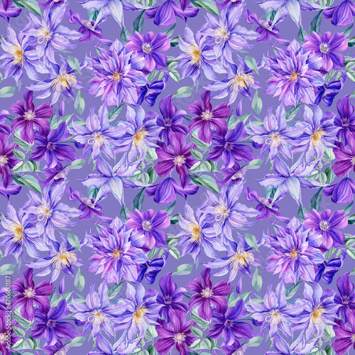 Purple flowers design. Clematis, leaves and bud watercolor hand drawing, seamless pattern. Wild flowering herbs 