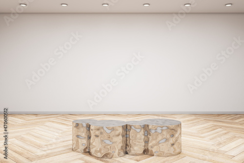 Contemporary exhibition hall interior with wooden flooring  shiny golden seat and empty mock up place on concrete wall. Gallery concept. 3D Rendering.