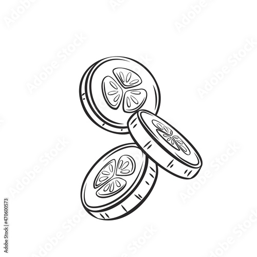 Outline falling cucumber slice vector illustration.