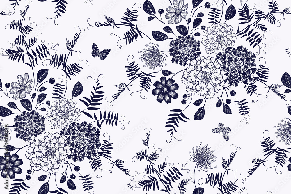 Fototapeta premium Floral black and white background. Vintage seamless pattern. Vector.