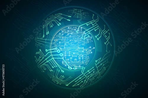 Abstract glowing digital circuit sphere on blue backdrop. Hardware, technology and innovation concept. 3D Rendering.