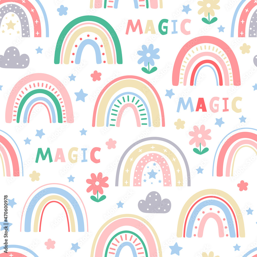 Funny childish pattern with rainbow flowers and text on a white background. Bright joyful colors. Baby background made in vector. Funny childish pattern with rainbow flowers and text on a white background. Bright joyful colors. Baby background made in vector.