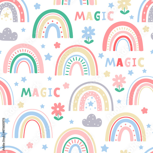 Funny childish pattern with rainbow flowers and text on a white background. Bright joyful colors. Baby background made in vector.