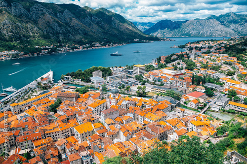 Panoramic view of Kotor old town and sea in Montenegro
