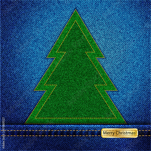 Denim Christmas tree with stitching and label. EPS10 vector format. 
