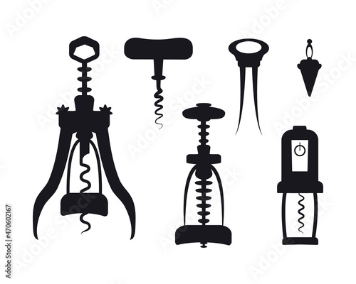 corkscrews set. 5 items to open wine bottles. Stopper for vino, champagne, olive oil. Black and white silhouette. Vector illustration. Icon for web design