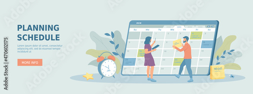 Planning schedule. Effective time management for productivity. Man and woman fill calendar important date, set goals. Promotional web banner. Cartoon flat vector illustration with people characters.