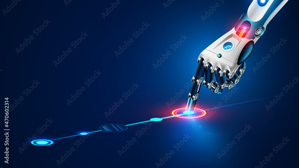 The robot mechanical arm or hand presses the index finger on the button a virtual holographic interface HUD on touch screen. Artificial Intelligence futuristic design concept.