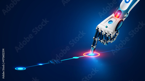 The robot mechanical arm or hand presses the index finger on the button a virtual holographic interface HUD on touch screen. Artificial Intelligence futuristic design concept.