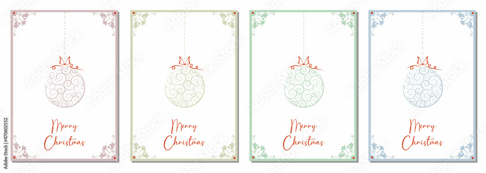 Corporate Holiday cards with pastel Christmas balls and Christmas ornament, floral modern frame, background and copy space. Universal artistic templates.