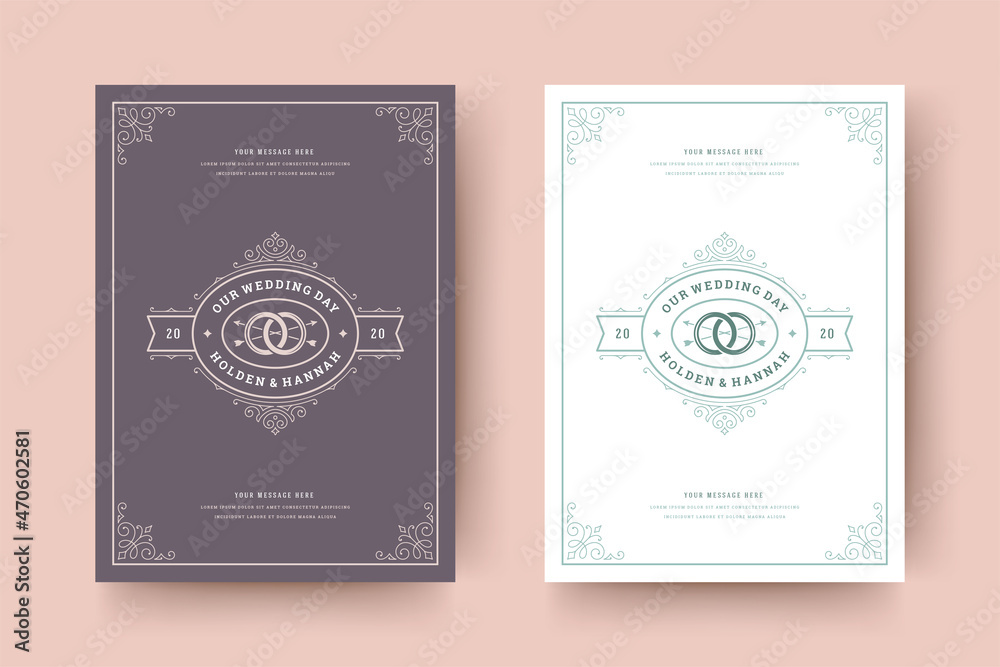 Wedding invitation save the date card templates with flourishes ornaments vignettes