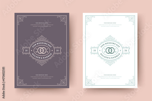 Wedding invitation save the date card templates with flourishes ornaments vignettes