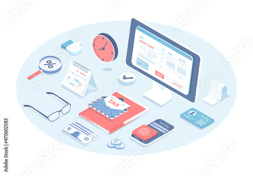 Online tax payment service. Application for submitting tax form on monitor screen. Tax software documents, e-file. Vector illustration in 3d design. Isometric web banner.