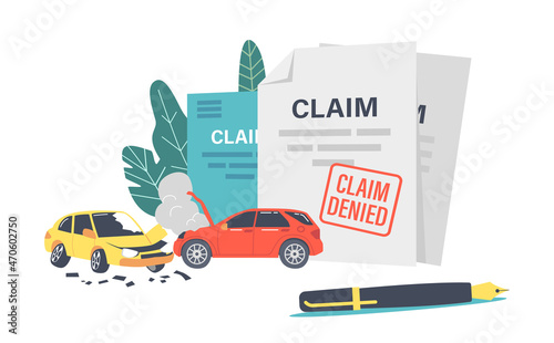 Claim Denied Concept. Rejected Insurance for Car Accident. Agent Policy Paper with Red Denied Stamp, Quill Pen, Document