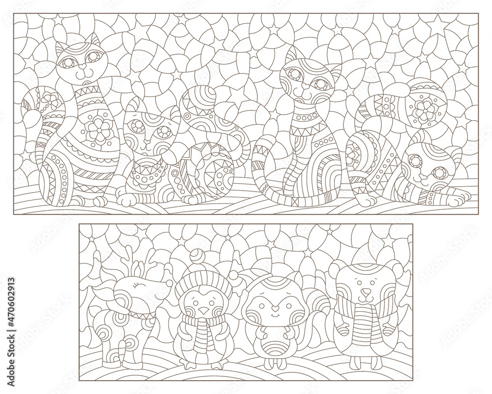 A set of contour illustrations in the style of stained glass on the theme of New Year holidays, cute animals on the background of a winter night landscape