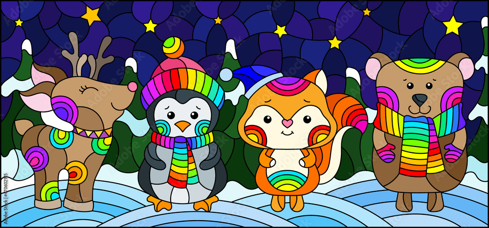 An illustration in the style of a stained glass window on the theme of New Year holidays , cute animals on the background of a winter night landscape