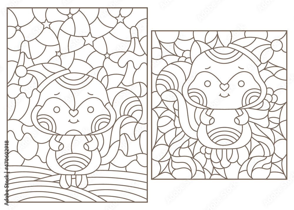 Obraz premium A set of contour illustrations in the style of stained glass on the theme of New Year holidays with cute foxes, dark outlines on a white background