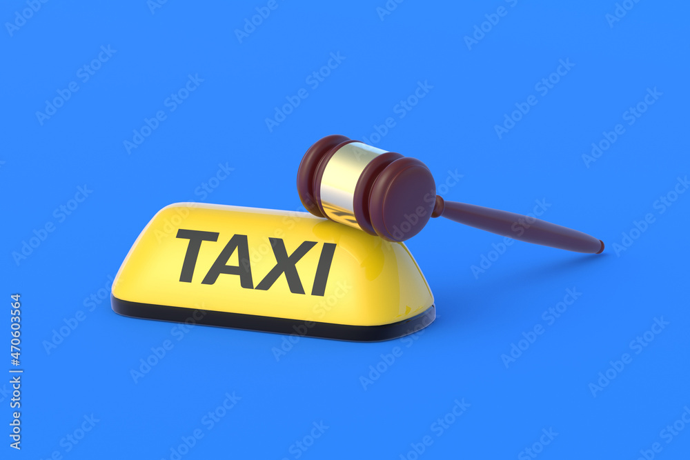 Yellow taxi sign near judge hammer. Work license. Rights and obligations of passengers. Violations of the rules. Responsibility for poor service. Company confiscation. 3d render