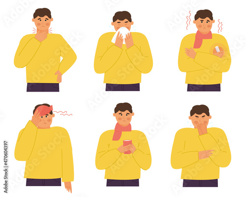 sick person. Headache, tonsillitis, fever, cough, runny nose. Season of colds. Symptoms of the flu, viral diseases, coronavirus. Vector illustration, flat