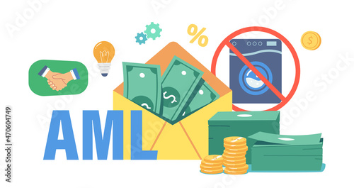 Aml, Campaign Against Money Laundering. Envelope with Dollars, Crossed Washing Machine, Bills Pile and Coins, Light Bulb