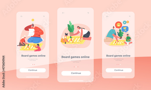 Board Games Online Mobile App Page Onboard Screen Template. Happy Family Sparetime, Kids and Parents Playing Boardgames