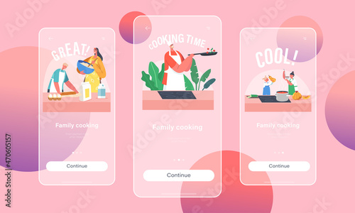 Happy Family Cooking at Home Mobile App Page Onboard Screen Template. Father, Mother and Kids on Kitchen Preparing Food