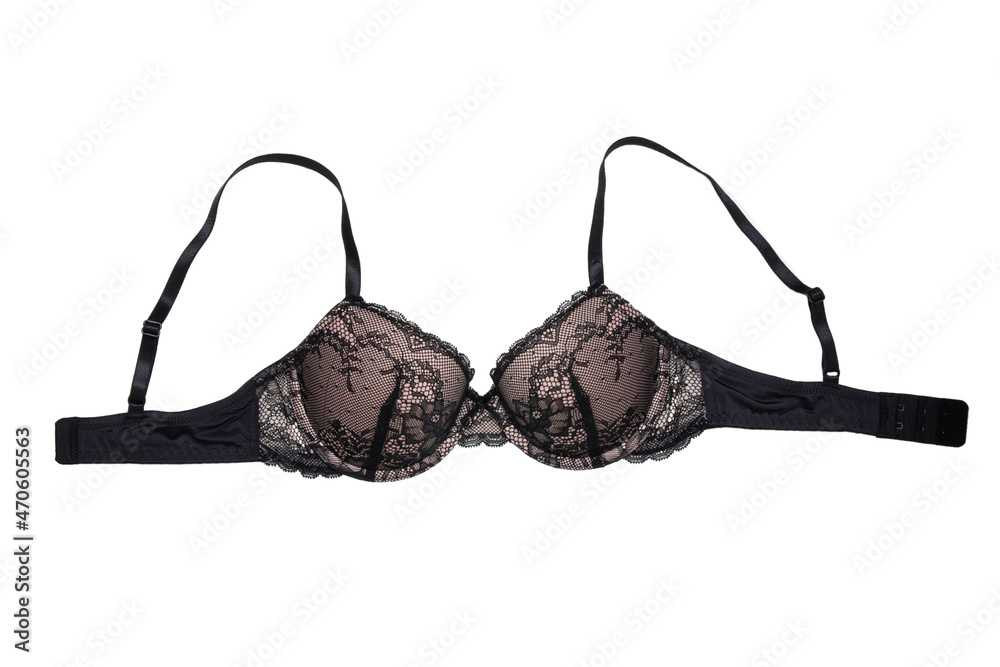 Bra isolated. Closeup of beautiful female stylish black pink bra with laces and straps isolated on a white background. Fashionable sexy women underwear. Bra isolated. Closeup of beautiful female stylish black pink bra with laces and straps isolated on a white background. Fashionable sexy women underwear.