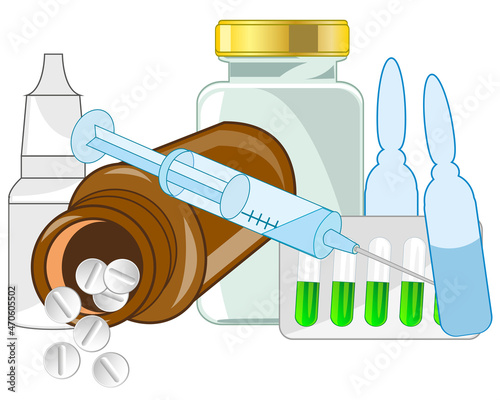 Medicine and tablets with pill and syringe