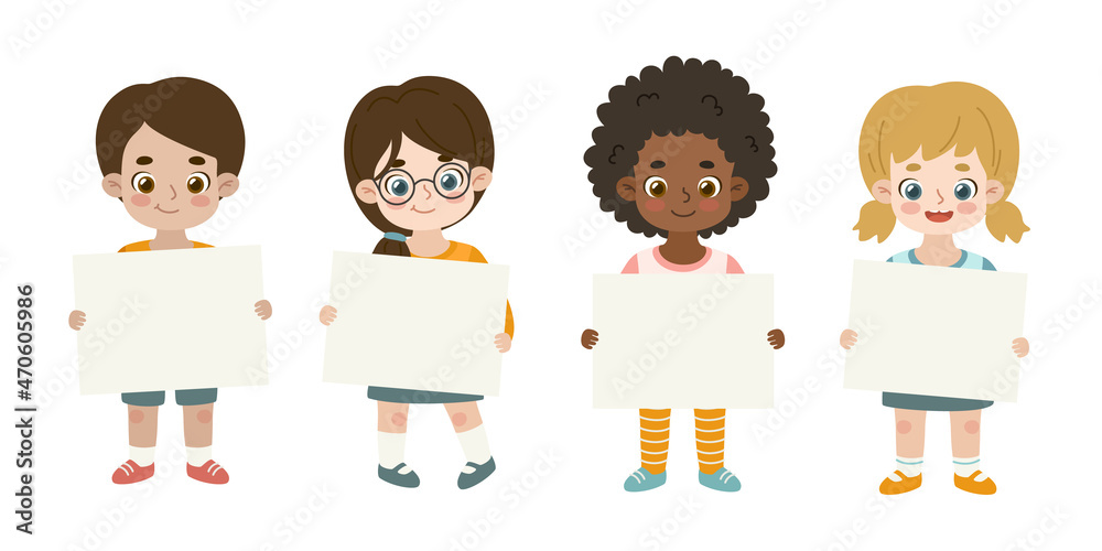 Multiracial kids standing and holding empty banner. Diverse children showing blank paper placard.