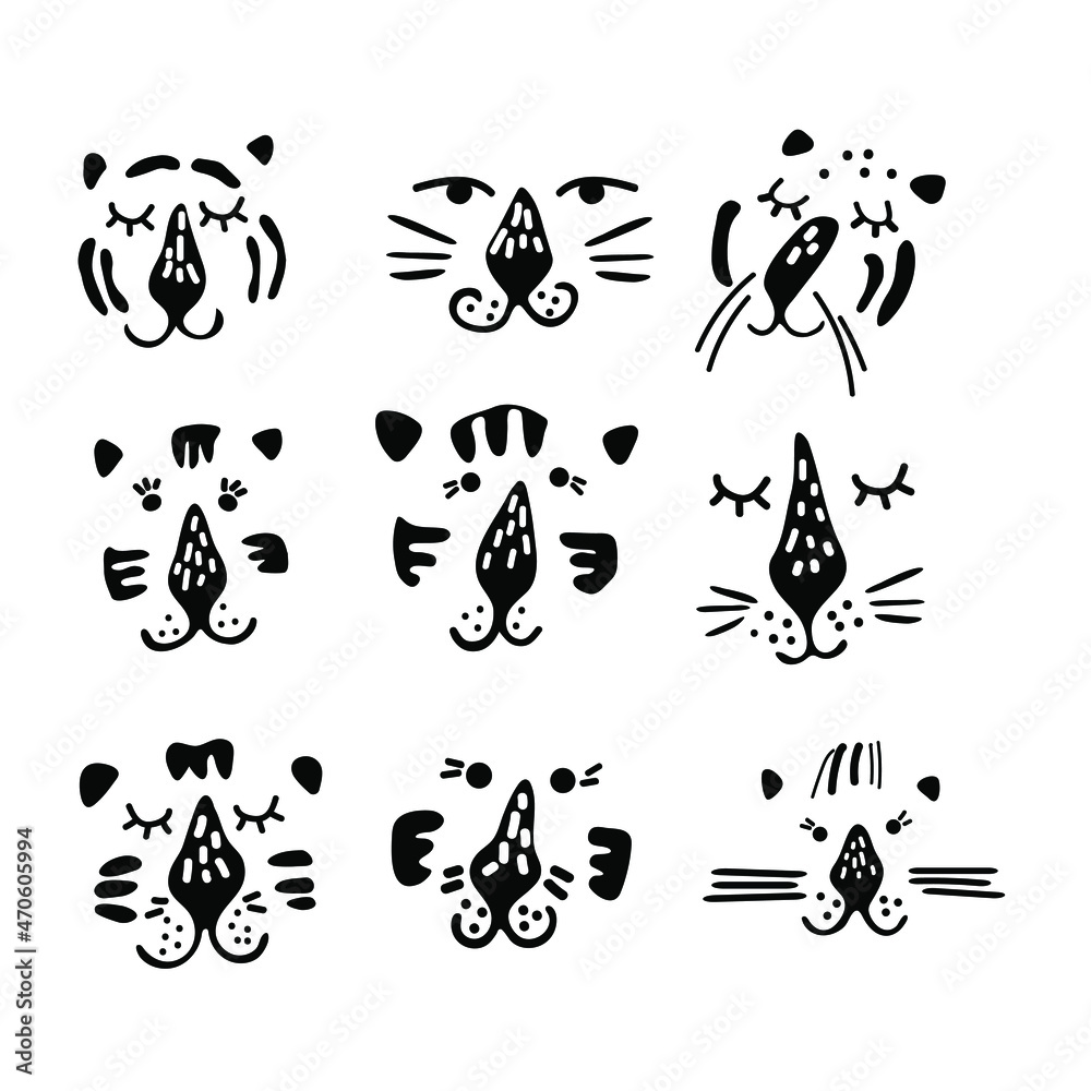 Portrait of cute cartoon hand drawn tiger for the design in scandinavian style. Black and white. Perfect for childish print, t-shirt, apparel, cards, poster, nursery decoration. Vector Illustration