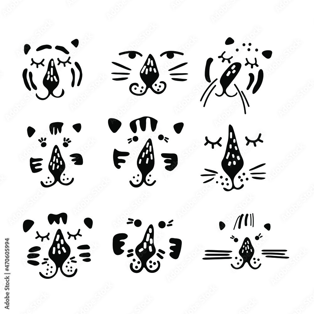 Portrait of cute cartoon hand drawn tiger for the design in scandinavian style. Black and white. Perfect for childish print, t-shirt, apparel, cards, poster, nursery decoration. Vector Illustration Portrait of cute cartoon hand drawn tiger for the design in scandinavian style. Black and white. Perfect for childish print, t-shirt, apparel, cards, poster, nursery decoration. Vector Illustration