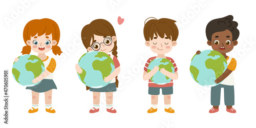 Set of kids hugging the earth globe. Bundle of friendly children holding world in hand. Collection of people care of environment.