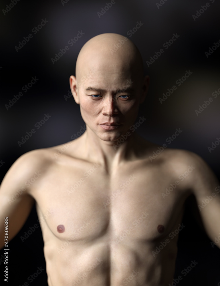 Topless bald athletic asian man. Low key studio portrait. 3D rendering. Topless bald athletic asian man. Low key studio portrait. 3D rendering.