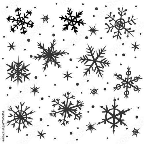 Set of doodle snowflakes isolated on white background. Collection of different hand-drawn snowflakes. Winter snow symbol. Elements for Christmas winter design. Vector.