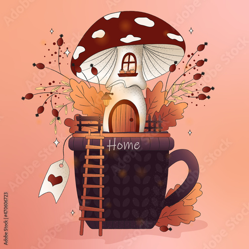 Children's illustration on the theme of autumn, a cup with a house, autumn mushrooms, a toadstool, magic, fairy amanita, autumn in the woods, fairy-tale characters