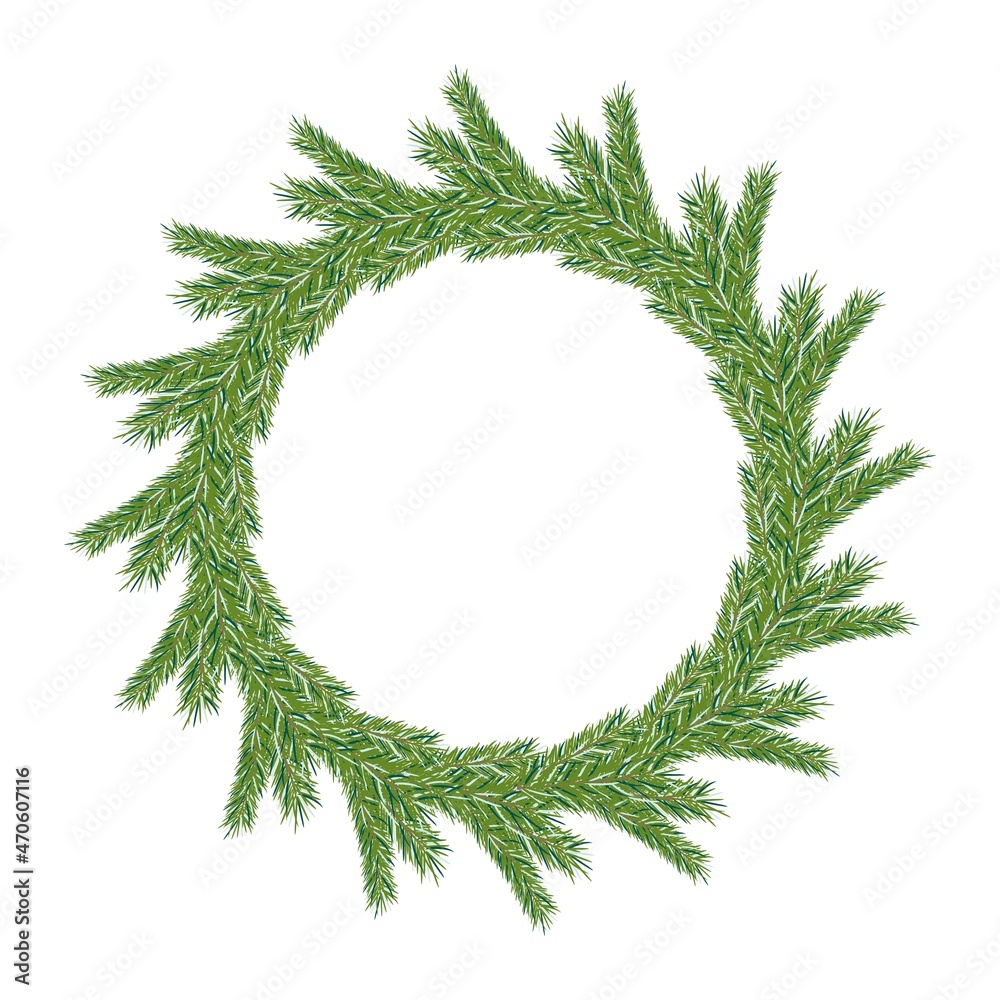Template with green wreath of spruce branches for celebration design. Frame template. Vector pattern. New year illustration.New Year. Christmas. 