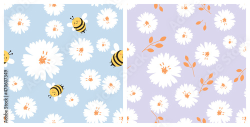 Seamless patterns with daisy flower and bee cartoons on purple and blue backgrounds vector.