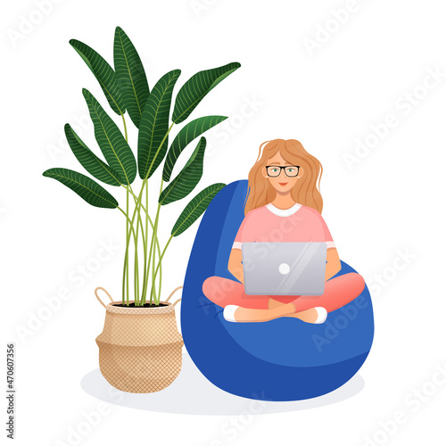 Woman sits on the bean bag chair and works at the computer. Remote work, office at home, programming, freelance. Study at home in quarantine. Vector illustration.