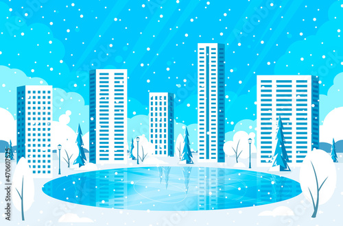 Winter cityscape. Winter city with ice rink and snowy background. New year and Christmas city