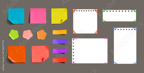 set of memo colorful and white stickers, paper pieces, realistic illustration, blank.