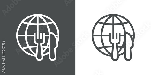 Restaurante comida internacional. Banner con globo terráqueo con cubiertos con líneas en fondo gris y fondo blanco